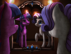 Size: 2350x1800 | Tagged: safe, artist:robsa990, derpibooru import, rarity, twilight sparkle, twilight sparkle (alicorn), alicorn, pony, unicorn, female, mare, mirror, reflection, smiling