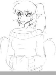 Size: 609x805 | Tagged: safe, artist:dj-black-n-white, oc, oc only, oc:ash, satyr, clothes, coffee mug, comfy, monochrome, mug, off shoulder, off shoulder sweater, offspring, parent:princess ember, sweater