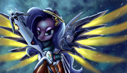 Size: 2500x1441 | Tagged: safe, artist:foughtdragon01, derpibooru import, oc, oc only, pony, armor, artificial wings, augmented, clothes, cosplay, costume, crossover, looking at you, mechanical wing, mercy, overwatch, smiling, solo, video game, weapon, wings