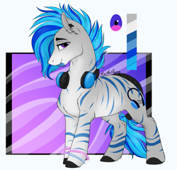 Size: 1117x1067 | Tagged: safe, artist:mythpony, derpibooru import, oc, oc:wild beat, hybrid, zony, headphones, magical lesbian spawn, male, offspring, parent:vinyl scratch, parent:zecora, solo