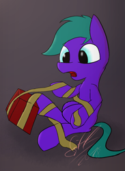 Size: 917x1253 | Tagged: safe, artist:gift, artist:gift-the-stranger, derpibooru import, oc, oc:night hook, pegasus, pony, female, gift wrapped, oops, ribbon, solo, struggling