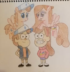 Size: 3120x3191 | Tagged: safe, artist:prinrue, derpibooru import, pegasus, pony, clothes, crossover, dipper pines, gravity falls, hat, headband, mabel pines, pine tree, ponified, self ponidox, shooting star, sweater, traditional art, vest