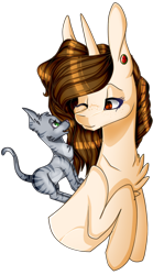 Size: 472x793 | Tagged: safe, artist:xxmissteaxx, oc, oc only, oc:enghel, oc:lu, cat, pony, unicorn, chest fluff, female, mare, one eye closed, simple background, transparent background