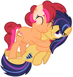 Size: 686x723 | Tagged: safe, artist:ipandacakes, oc, oc only, oc:chimi cherry cheesecake, oc:nova star sparkle, earth pony, pegasus, pony, female, hape, hug, mare, offspring, parent:cheese sandwich, parent:flash sentry, parent:pinkie pie, parent:twilight sparkle, parents:cheesepie, parents:flashlight, simple background, smiling, transparent background