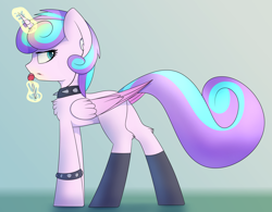 Size: 3583x2789 | Tagged: safe, artist:renderpoint, derpibooru exclusive, derpibooru import, princess flurry heart, alicorn, pony, candy, choker, earbuds, female, food, glowing horn, it's not a phase, lollipop, magic, mare, older, older flurry heart, princess emo heart, solo, spiked choker, teenage flurry heart, teenager, telekinesis