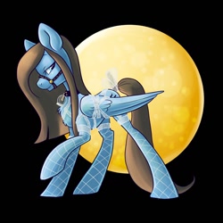 Size: 1280x1280 | Tagged: safe, artist:nikora_angeli, derpibooru import, oc, oc only, oc:songbird, pegasus, pony, black background, bondage, bound wings, bridle, collar, fishnet stockings, full moon, lidded eyes, moon, pegasus oc, raised hoof, shibari, simple background, tack, wings