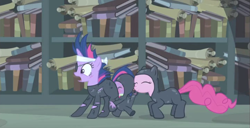 Size: 833x425 | Tagged: safe, derpibooru import, edit, edited screencap, screencap, pinkie pie, spike, twilight sparkle, dragon, earth pony, pony, unicorn, it's about time, eyepatch, eyes closed, faceful of ass, female, future twilight, male, mare, spike running into twilight's rear, wide eyes