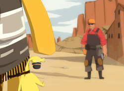 Size: 1046x774 | Tagged: safe, artist:galli, derpibooru import, boneless, cheese sandwich, crossover, desert, digital, engineer, game, gun, handgun, mexican standoff, mexico, pistol, ponyville, shack, team fortress 2