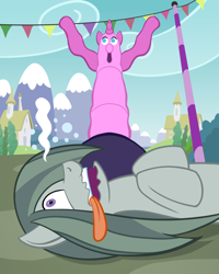 Size: 1000x1250 | Tagged: safe, artist:regularmouseboy, marble pie, the one where pinkie pie knows, cute, fainted, houses, marblebetes, mountain, scared, scenery, tongue out, town, wacky waving inflatable tube pony, wide eyes