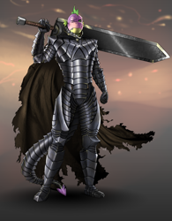 Size: 778x1000 | Tagged: safe, artist:pia-sama, derpibooru import, spike, anthro, alternate timeline, armor, ashlands timeline, badass, barren, berserk, cape, clothes, dragon slayer, guts (berserk), implied genocide, male, older spike, post-apocalyptic, solo, sword, the implications are horrible, wasteland, weapon