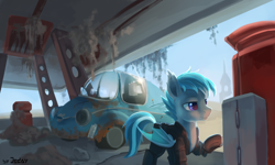 Size: 2500x1500 | Tagged: safe, artist:jedayskayvoker, oc, oc only, bat pony, pony, car, clothes, commission, fallout, male, smiling, solo, stallion