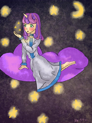 Size: 3000x4000 | Tagged: safe, artist:marie-tea-chan, derpibooru import, sweetie belle, human, unicorn, equestria girls, clothes, dress, female, humanized, moon, night, solo, stars