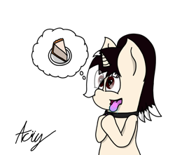 Size: 1272x1126 | Tagged: safe, artist:acrylicbristle, derpibooru import, oc, oc only, oc:acrylic bristle, unicorn, bangs, cake, cheesecake, collar, drool, eye clipping through hair, femboy, food, girly, heart eyes, looking up, male, pictogram, ponytail, signature, simple background, solo, stallion, thought bubble, tongue out, transparent background, wingding eyes