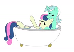 Size: 1754x1240 | Tagged: safe, artist:xbluestreakx, derpibooru import, bon bon, lyra heartstrings, sweetie drops, earth pony, pony, unicorn, bath, bathtub, claw foot bathtub, cuddling, duo, eyes closed, female, foam, hug, lesbian, lyrabon, shipping, simple background, washing, water, white background