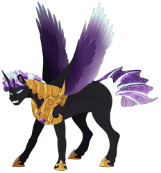 Size: 1181x1275 | Tagged: safe, artist:bijutsuyoukai, derpibooru import, oc, alicorn, pony, armor, colored wings, male, multicolored wings, offspring, parent:nightmare rarity, parent:thunderlane, simple background, solo, transparent background