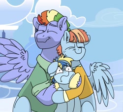 Size: 1476x1339 | Tagged: safe, artist:pastel-charms, derpibooru import, bow hothoof, windy whistles, oc, oc:champion, pegasus, pony, adorable distress, colt, cute, grandparent and grandchild moment, hug, male, offspring, parent:rainbow dash, parent:soarin', parents:soarindash, story included