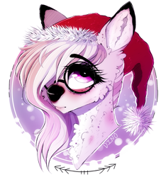 Size: 1835x1960 | Tagged: safe, artist:dino_horse, derpibooru import, oc, oc only, oc:snow, deer, christmas, cute, fluffy, glasses, hair over one eye, hat, holiday, looking up, santa hat, snow, solo