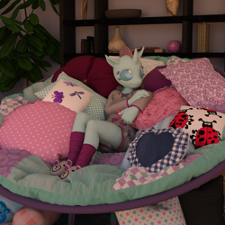 Size: 2000x2000 | Tagged: safe, artist:tahublade7, derpibooru import, ocellus, anthro, changedling, changeling, school daze, 3d, clothes, cute, daz studio, diaocelles, dress, female, high res, panties, papasan, pillow, skirt, slippers, socks, solo, thighs, underwear, upskirt