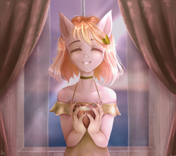 Size: 900x800 | Tagged: safe, artist:alicesmitt31, derpibooru import, oc, oc only, anthro, earth pony, anthro oc, bowl, clothes, curtains, digital art, dress, ear piercing, eyes closed, female, mare, nail polish, piercing, signature, smiling, smiling at you, solo, standing, window, ych result