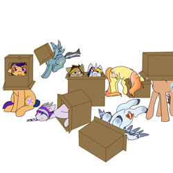 Size: 1024x1024 | Tagged: safe, artist:mintbubbie, derpibooru import, oc, oc only, oc:ambrosia apple, oc:amethyst glimmer, oc:andromeda shine, oc:bright future, oc:evening star, oc:honeycrisp, oc:neopolitan swirl, oc:stormy skies, dracony, earth pony, hybrid, pegasus, pony, unicorn, cardboard box, female, interspecies offspring, male, mare, next generation, offspring, parent:applejack, parent:big macintosh, parent:cheese sandwich, parent:derpy hooves, parent:doctor whooves, parent:flash sentry, parent:fluttershy, parent:pinkie pie, parent:rainbow dash, parent:rarity, parent:soarin', parent:spike, parent:thunderlane, parent:twilight sparkle, parents:cheesepie, parents:doctorderpy, parents:flashlight, parents:fluttermac, parents:soarinjack, parents:sparity, parents:thunderdash, simple background, stallion, white background