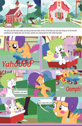 Size: 1024x1557 | Tagged: safe, artist:darkofstp, derpibooru import, apple bloom, dinky hooves, scootaloo, sweetie belle, comic:my wings will keep you safe, blushing, cute, cutie mark crusaders, fanfic, helmets, ponyville schoolhouse, scooter, sleeping, wagon