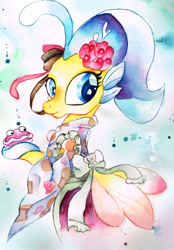 Size: 2389x3437 | Tagged: safe, artist:mashiromiku, derpibooru import, princess skystar, classical hippogriff, hippogriff, my little pony: the movie, clothes, kimono (clothing), solo, traditional art, watercolor painting