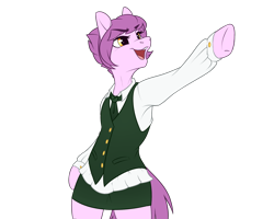 Size: 4000x3200 | Tagged: safe, artist:honiibree, derpibooru import, oc, oc:sweet doots, earth pony, semi-anthro, blouse, clothes, commission, dress shirt, female, lawyer, looking sideways, miniskirt, necktie, objection, open mouth, simple background, skirt, solo, thighs, transparent background, vest