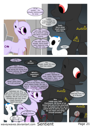 Size: 3840x5280 | Tagged: safe, artist:waveywaves, derpibooru import, oc, oc only, oc:clockwork, oc:draft, oc:joule, pony, robot, robot pony, comic:sentient, comic, speech bubble