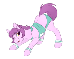 Size: 1280x1024 | Tagged: safe, artist:honiibree, derpibooru import, oc, oc:sweet doots, earth pony, pony, clothes, looking at you, one eye closed, outfit, runner, simple background, smiling, solo, sports, sports bra, sports shorts, stretching, sweatband, tight clothing, transparent background, workout