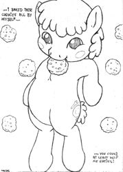 Size: 829x1158 | Tagged: safe, artist:merkleythedrunken, truffle shuffle, pony, cookie, food, monochrome, mouth hold, solo, traditional art