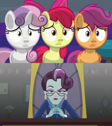 Size: 1280x1440 | Tagged: safe, derpibooru import, edit, edited screencap, screencap, apple bloom, principal abacus cinch, scootaloo, sweetie belle, earth pony, pegasus, pony, unicorn, equestria girls, friendship games, marks for effort, cutie mark crusaders