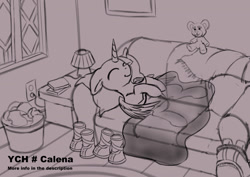 Size: 1280x905 | Tagged: safe, artist:calena, derpibooru import, advertisement, backpack, basket, blanket, boots, carpet, commission, cute, lampshade, pillow, shoes, sleeping, sofa, sofa bed, solo, teddy bear, window, ych example, your character here