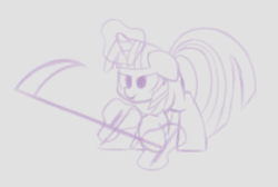 Size: 911x611 | Tagged: safe, artist:masserey, twilight sparkle, pony, unicorn, 5 minute challenge, floppy ears, lidded eyes, magic, monochrome, scythe, solo, telekinesis