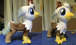 Size: 1024x605 | Tagged: safe, artist:plushypuppy, derpibooru import, oc, oc only, oc:silver quill, classical hippogriff, hippogriff, folded wings, irl, male, photo, plushie, solo, standing