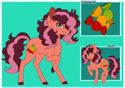 Size: 1024x715 | Tagged: safe, artist:colourstrike, derpibooru import, oc, oc only, oc:strawberry swirl, earth pony, pony, female, green background, hair over one eye, mare, offspring, parent:cheese sandwich, parent:pinkie pie, parents:cheesepie, raised hoof, reference sheet, simple background, solo