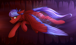 Size: 1024x614 | Tagged: safe, artist:klarapl, derpibooru import, oc, oc:solar flare, pegasus, pony, cavern, colored wings, commission, flying, light, looking back, male, multicolored wings, solo, stalactite, stalagmite