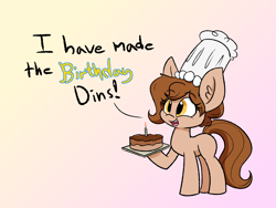 Size: 1600x1200 | Tagged: safe, artist:heir-of-rick, derpibooru import, oc, oc only, oc:brownie bun, earth pony, pony, cake, candle, chef's hat, dins, ear fluff, female, food, gradient background, happy, happy birthday, hat, mare, solo