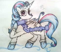 Size: 1419x1206 | Tagged: safe, artist:angelofthewisp, derpibooru import, oc, alicorn, pony, clothes, female, mare, scarf, snow, solo, traditional art