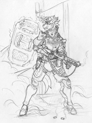 Size: 1891x2517 | Tagged: safe, artist:siegfriednox, derpibooru import, oc, oc:royal flush, anthro, unicorn, armor, combat, gun, magic, shield, shotgun, solo, traditional art, weapon