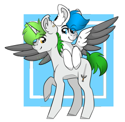 Size: 4551x4428 | Tagged: safe, artist:hellishprogrammer, oc, oc only, oc:jeremy, pegasus, pony, unicorn, absurd resolution, colored wings, gay, male, multicolored wings, oc x oc, shipping, stallion