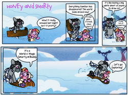 Size: 1200x898 | Tagged: safe, artist:carouselunique, derpibooru import, smarty pants, oc, oc:honeycrisp blossom, equestria girls, calvin and hobbes, comic, offspring, parent:big macintosh, parent:princess cadance, parents:cadmac, sled, sledding, speech bubble, winter