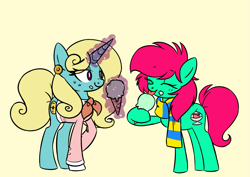 Size: 1631x1152 | Tagged: safe, artist:robiinart, derpibooru import, oc, oc only, oc:minty split, oc:seafoam breeze, earth pony, pony, unicorn, ascot, clothes, eyes closed, female, food, ice cream, licking, mare, mother and child, mother and daughter, parent and child, scarf, tongue out