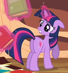 Size: 371x394 | Tagged: safe, derpibooru import, screencap, twilight sparkle, secret of my excess, cropped, glowing horn, golden oaks library, magic, plot, raised hoof, solo, telekinesis