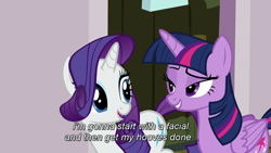 Size: 1280x720 | Tagged: safe, derpibooru import, screencap, rarity, twilight sparkle, twilight sparkle (alicorn), alicorn, pony, unicorn, all bottled up, lidded eyes, looking at each other, out of context, out of context quote, subtitles