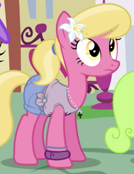 Size: 387x505 | Tagged: safe, derpibooru import, edit, edited screencap, editor:/d/non, screencap, lily, lily valley, earth pony, pony, a friend in deed, background pony, bracelet, clothes, clothes edit, cropped, female, flower, flower in hair, jewelry, lily (flower), mare, necklace, shorts, solo focus