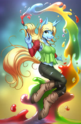 Size: 2520x3870 | Tagged: safe, artist:mykegreywolf, derpibooru import, oc, oc only, oc:art's desire, anthro, unguligrade anthro, unicorn, abstract background, arm warmers, belly button, boots, clothes, commission, detached sleeves, digital art, eyebrows visible through hair, female, gradient background, grin, high res, jumping, lidded eyes, looking at you, mare, midriff, paint, paintbrush, pants, shoes, smiling, smirk, solo, torn clothes
