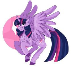 Size: 2668x2512 | Tagged: safe, artist:unicorn-mutual, derpibooru import, twilight sparkle, twilight sparkle (alicorn), alicorn, pony, chest fluff, curved horn, digital art, female, happy, high res, mare, simple background, smiling, solo, spread wings, transparent background, wings