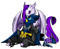 Size: 836x683 | Tagged: safe, artist:allocen, derpibooru import, oc, oc only, oc:eid, oc:ravyne, griffon, hippogriff, claws, female, fluffy, hug, male, paws, shipping, simple background, size difference, straight, talons, transparent background, wings