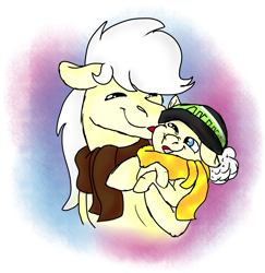 Size: 3000x3088 | Tagged: safe, artist:euspuche, derpibooru import, oc, oc only, oc:pan, oc:pierrot fisher, earth pony, pony, bust, cancer (disease), clothes, cute, father and child, father and daughter, female, kissing, male, parent and child, portrait