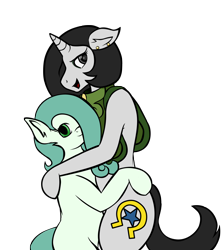 Size: 2000x2248 | Tagged: safe, artist:marcus todjel, oc, oc only, oc:emerald jewel, oc:joyride, earth pony, pony, unicorn, bipedal, clothes, colored, colt, colt quest, cutie mark, duo, ear piercing, earring, female, hug, jewelry, looking at you, male, mare, piercing, simple background, transparent background